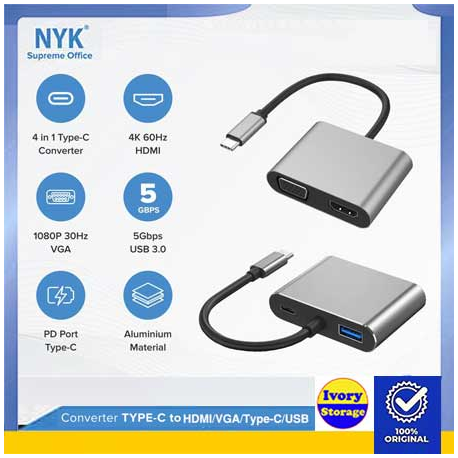 Converter 4 IN 1 USB 3.0 Type C ke VGA/HDMI+USB3.0+Type C NYK (USB-C to VGA/HDMI/USB3.0/USB-C)