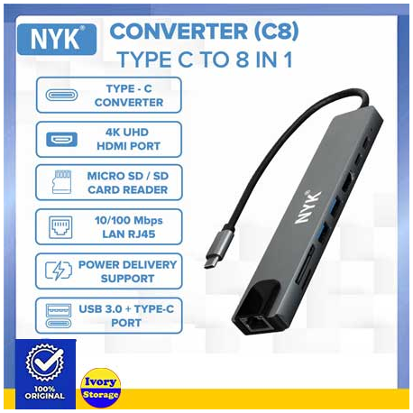 Type-C Docking Station NYK C8 8-in-1 + USB Hub 3.0 + HDMI/card reader