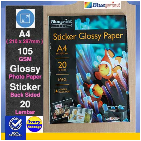 Stiker Kertas Foto Glossy 105GSM A4 20PC Blueprint Lite Sticker Glossy Photo Paper