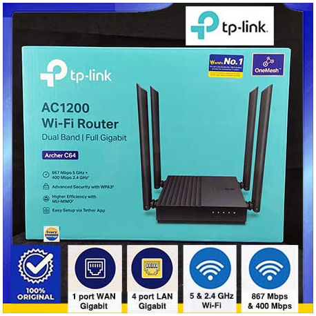 TP-LINK WIRELESS ROUTER ARCHER C64 DUALBAND AC1200 GIGABIT PORT