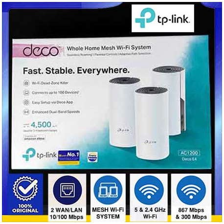 TP-LINK DECO E4 (3-PACK) AC1200 WHOLE HOME MESH Wi-Fi SYSTEM - 6935364086794