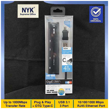 NYK 3 PORT USB HUB 3.1 + GIGABIT USB LAN GLH-01 WITH OTG TYPE-C ADAPTER