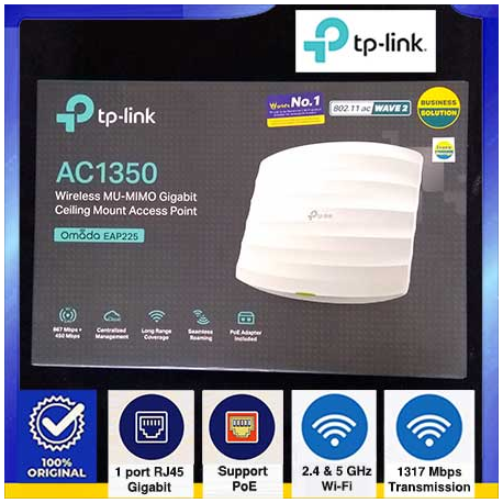 TP-LINK EAP225 AC1350 DUAL BAND CEILLING MOUNT ACCESS POINT - 6935364096915