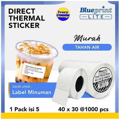 BLUEPRINT LITE DIRECT THERMAL STICKERP 40x30mm @ 1000pcs EKONOMIS ISI 5 ROLL (STIKER KERTAS THERMAL 40x30)