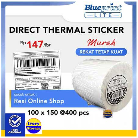 BLUEPRINT LITE DIRECT THERMAL STICKERP 100x150mm @ 400pcs ISI 1 ROLL (STIKER KERTAS THERMAL 40x30)