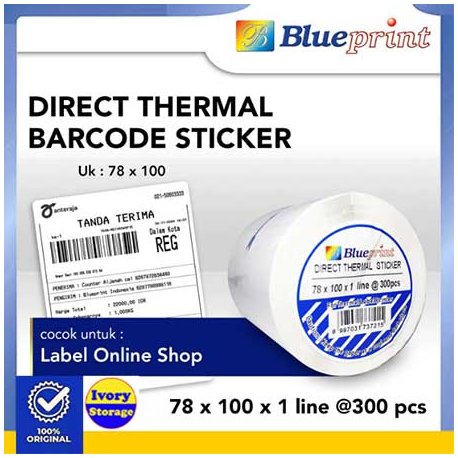 Label Stiker Kertas Thermal Blueprint 78x100mm 1 Roll @300pcs Direct Thermal Barcode Sticker BP-DTS781001