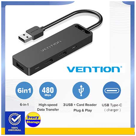 USB Hub Vention CHUBB 3 Port USB 2.0+Card Reader