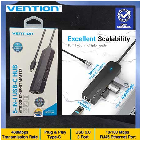 Gigabit USB LAN with 3 Port USB Hub 3.1 NYK GLH-01 with OTG TYPE-C Adapter