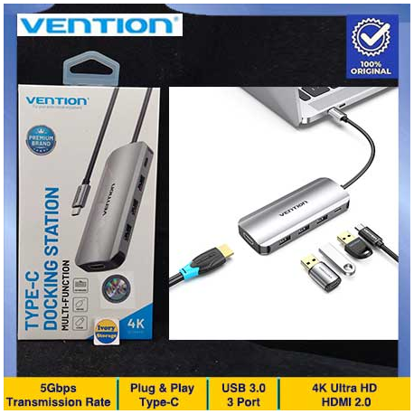 Type-C Docking Station Vention THFHB with 3 Port USB Hub 3.0 Plus HDMI